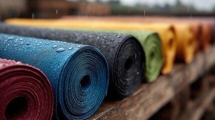 A vibrant collection of yoga mats in various colors, wet from rain, displayed on a wooden shelf. Ideal for fitness and wellness themes.