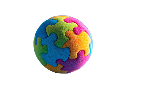 Colorful puzzle ball representing global connection and unity, isolated on white.