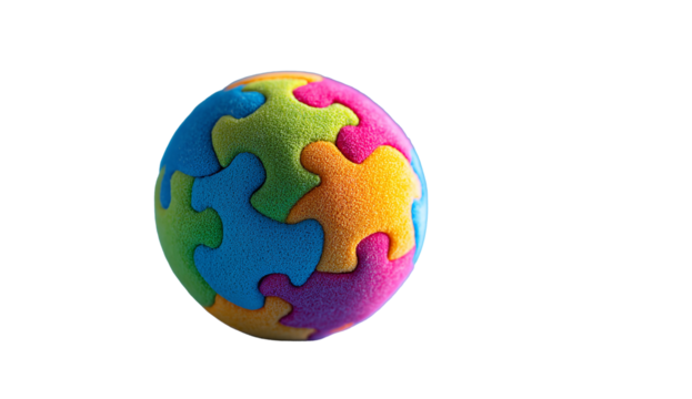 Colorful puzzle ball representing global connection and unity, isolated on white.