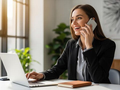 Woman talks on phone while smiling at her work desk.