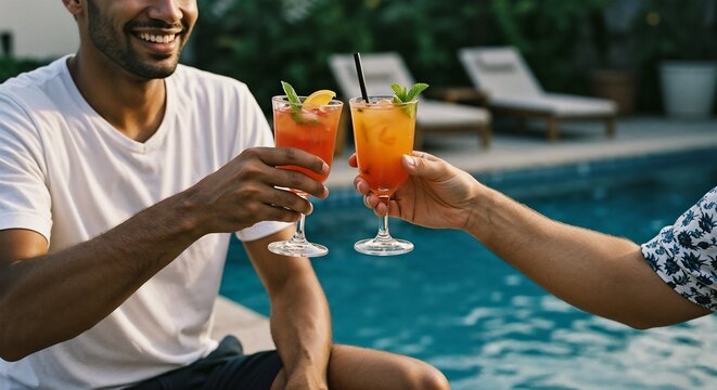 Man and woman toasting with cocktails by poolside on sunny day  