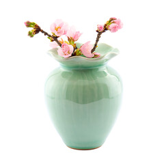 Elegant Mint Green Ceramic Vase with Delicate Pink Cherry Blossom Branches and Ruffled Rim