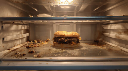 A rotten hamburger at the middle on the bottom of a empty fridge freezer