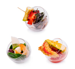 Colorful appetizers served in glass bowls at a modern culinary event