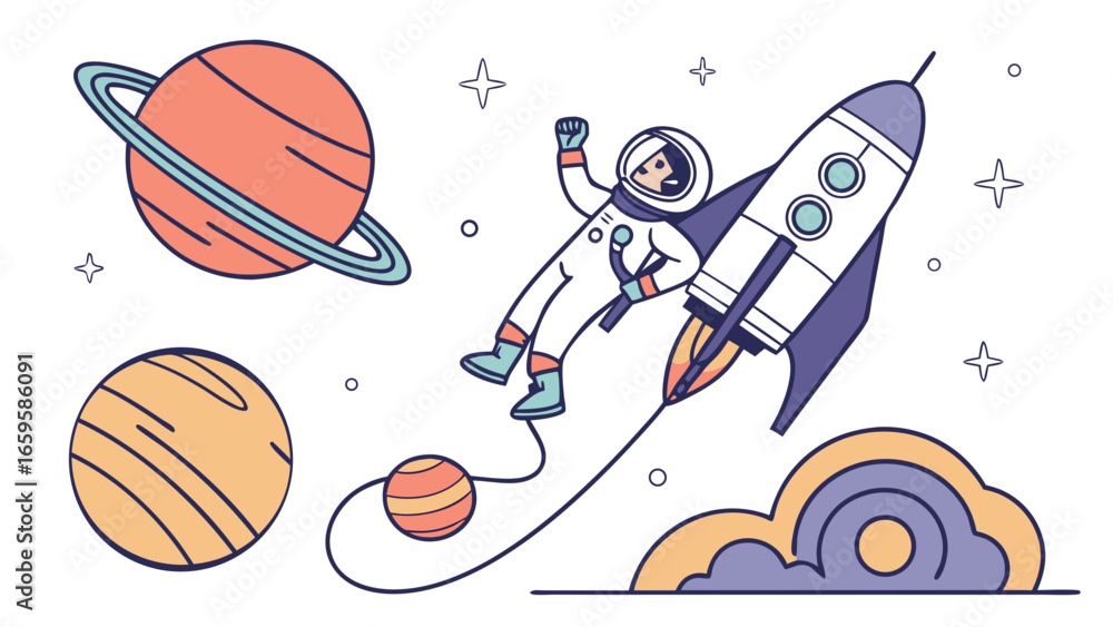 Poster illustration of an astronaut floating in space with planets rocket stars and a stylized cloud design