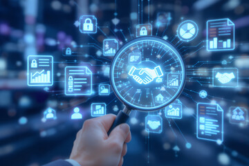 Hand holding magnifying glass examining glowing digital network of data files documents and security locks symbolizing information analysis and cybersecurity