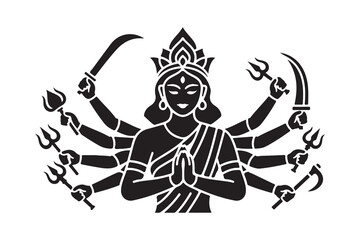 Durga deity with multiple arms holding weapons and tridents
