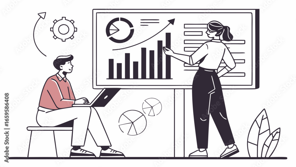 Poster woman presenting data on a board while a man works on a laptop in a business setting illustration cr
