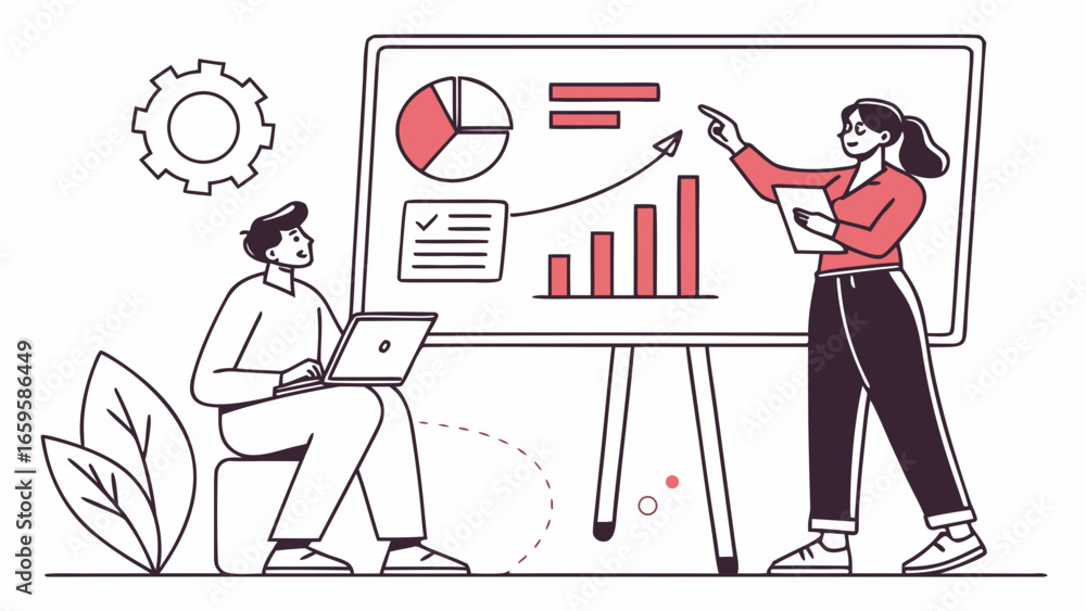 Poster illustration of a business presentation with a woman pointing at a chart and a man with laptop creat