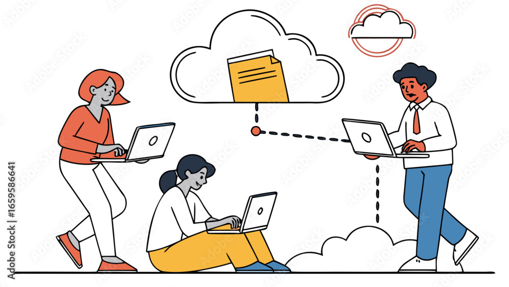 Poster three people using laptops connected to a cloud storage service for file sharing and collaboration c