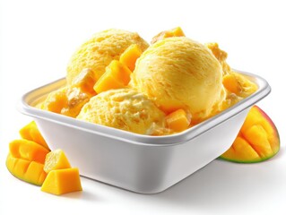 Delicious mango ice cream scoops in a bowl isolated on white background