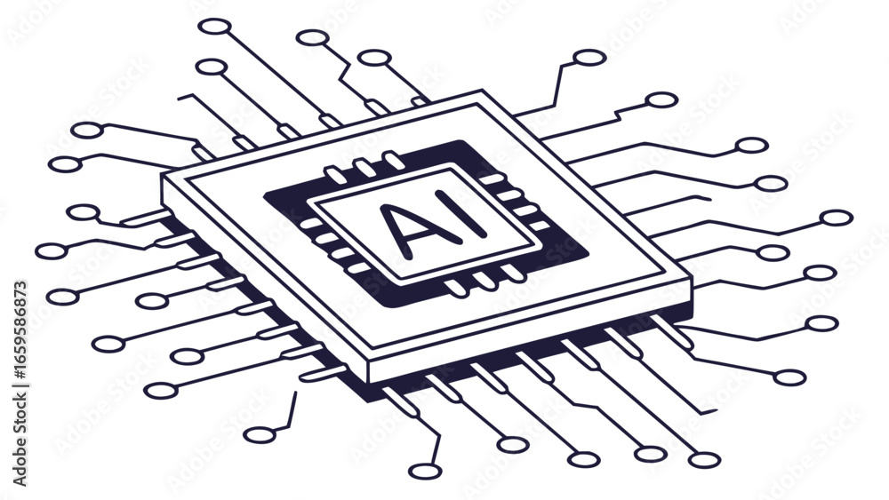 Poster illustration of an ai microchip with multiple pins and connections on a white background in black an