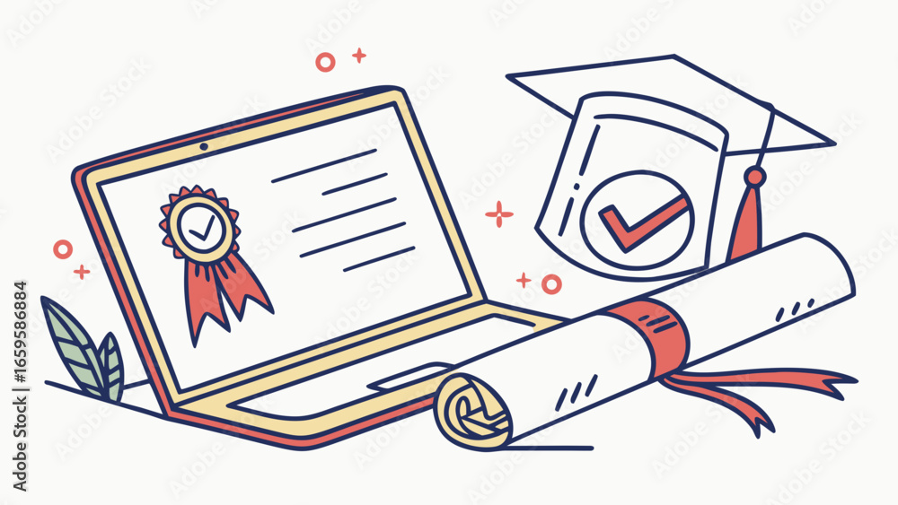 Poster illustration of a laptop displaying a certificate with a graduation cap and diploma scroll created w