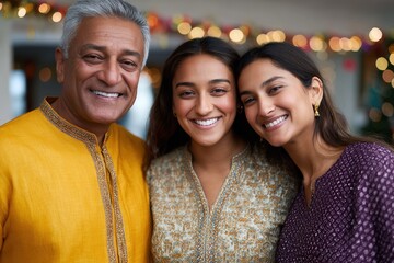 Obraz premium A joyful family portrait featuring three smiling adults in traditional attire, set against a festive background with decorations and warm lighting.