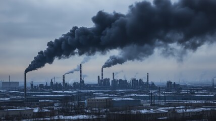 Industrial complex emits dark smoke into the sky during overcast day