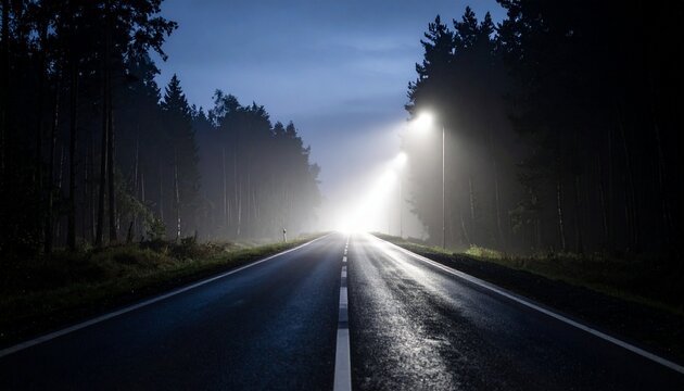 Ethereal Light Beams Cut Through Dense Fog on a Lonely Wet Forest Road at Night. - Powered by Adobe