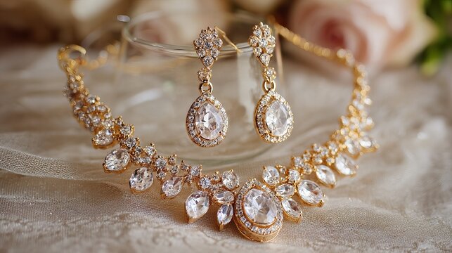 Stunning gold necklace and earrings adorned with sparkling diamonds, perfect for special occasions.