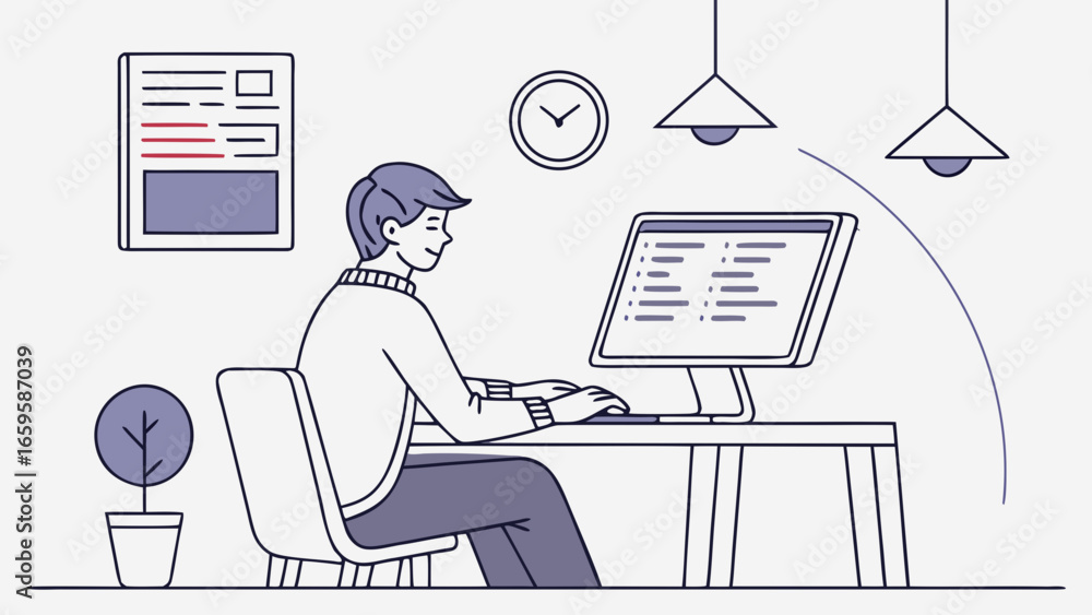 Poster person working at a computer with a clock and lamps in a simple office setting illustration style cr
