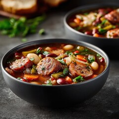 Hearty bean and sausage stew in black bowl with vegetables, herbs, and savory broth, served in rustic kitchen setting for comforting meal or winter dinner
