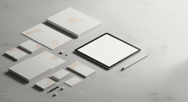 Pristine Flat Lay Branding Identity Mockup with Tablet and Stationery on Concrete - Powered by Adobe