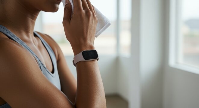 Active Woman Wiping Sweat, Monitoring Progress with Wearable Fitness Tracker