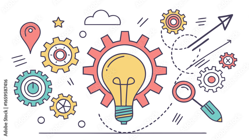 Poster illustration of a lightbulb inside a gear with arrows and other gears surrounding it concept art cre