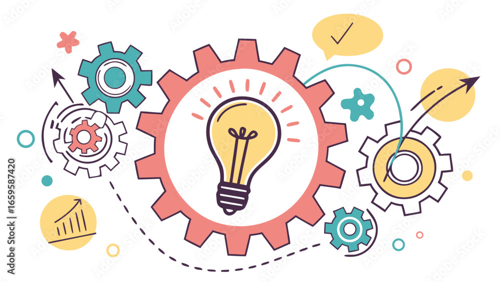 Poster illustration of a light bulb surrounded by gears and charts representing a business process idea cre