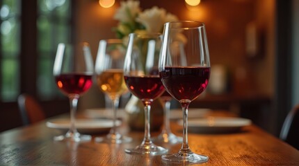 Wine Glasses with Red and White Wine on Wooden Table in Soft Lighting