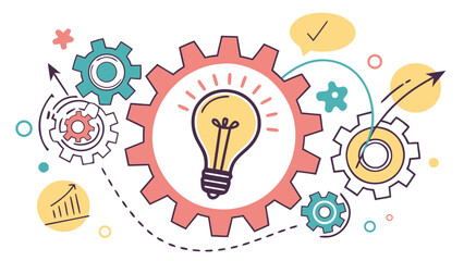 Illustration of a light bulb surrounded by gears and charts representing a business process idea created with generated ai