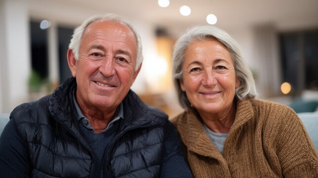 A joyful elderly couple sitting closely together in a warm, inviting living room, showcasing love and companionship.