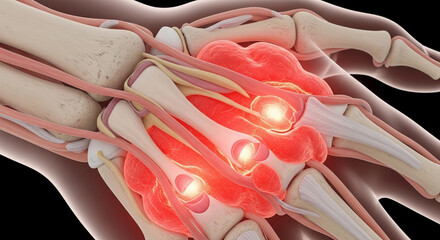 Human Hand Anatomy with Joint Inflammation and Pain - Medical Illustration