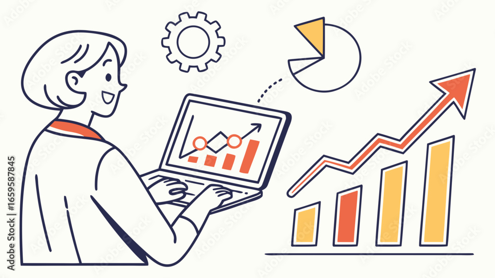 Poster woman analyzing business data on a laptop with charts and graphs showing positive growth and progres