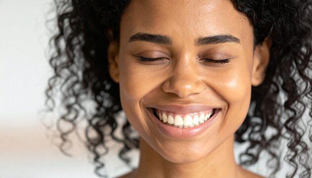 Radiant Joy and Inner Peace: A Beautiful Black Womans Serene Smile with Eyes Closed.