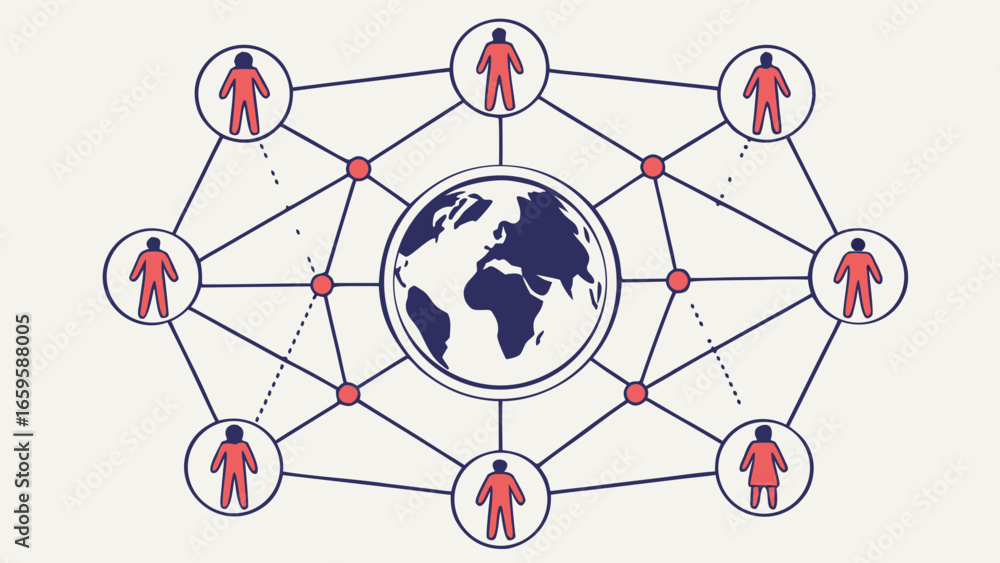 Poster global network with people connected around the world by lines and red dots in a complex web created