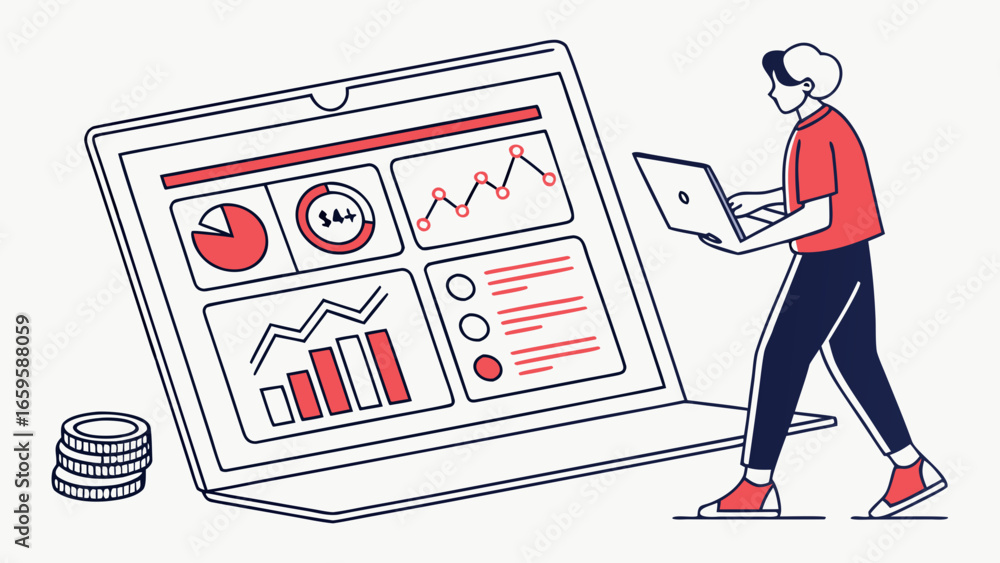 Poster person using a laptop while standing next to a giant laptop displaying financial data and stacked co