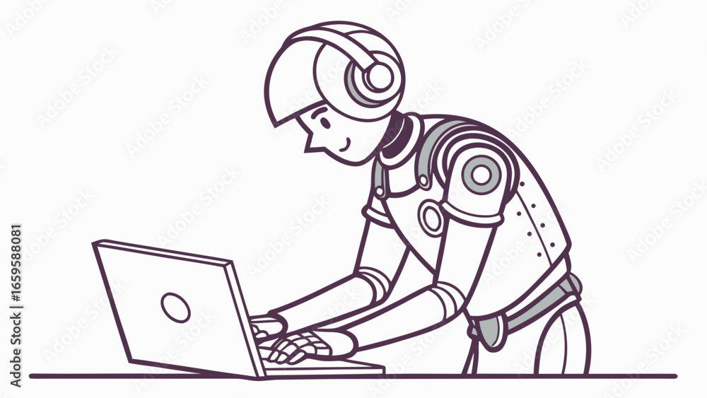 Poster robot with headphones working on a laptop with a minimalist design and clean outline style illustrat