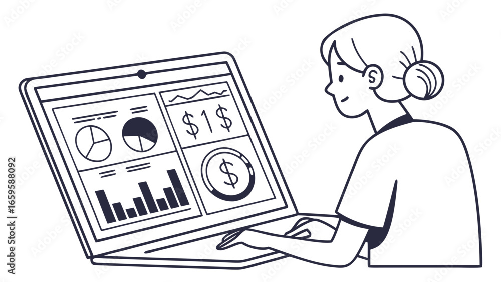 Poster woman analyzing data on laptop screen with charts and graphs for business insights and financial ana
