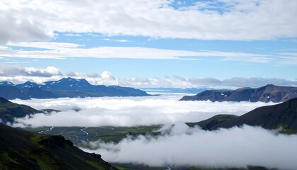 Panoramic view of mountains and valley shrouded in clouds