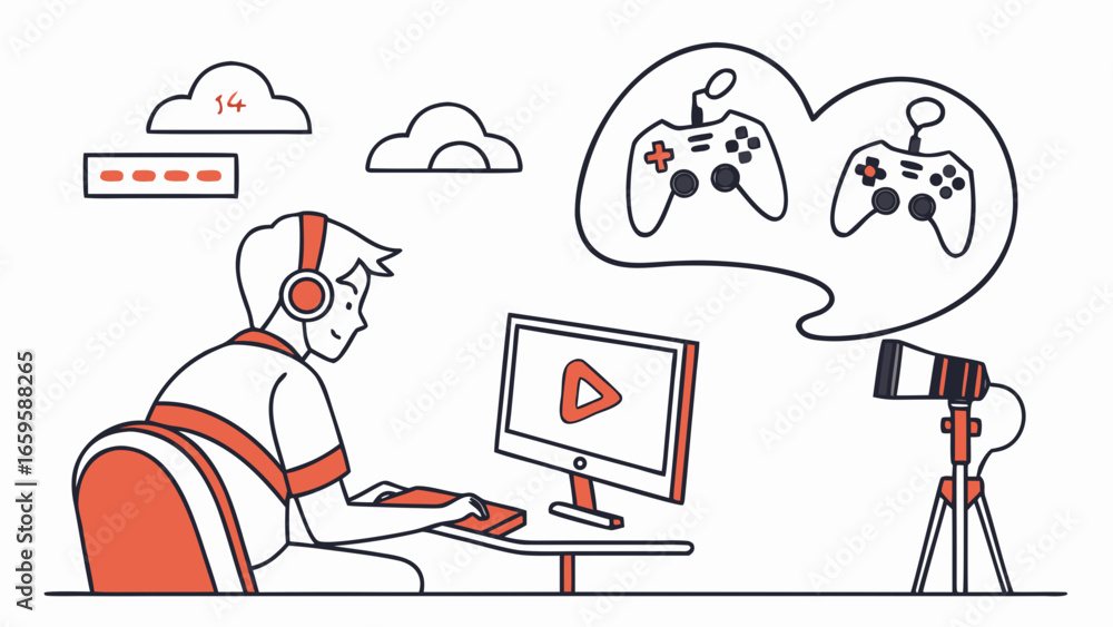 Poster A gamer with headphones playing video games at a desk with a monitor and microphone setup and gamepads thought created with generated ai