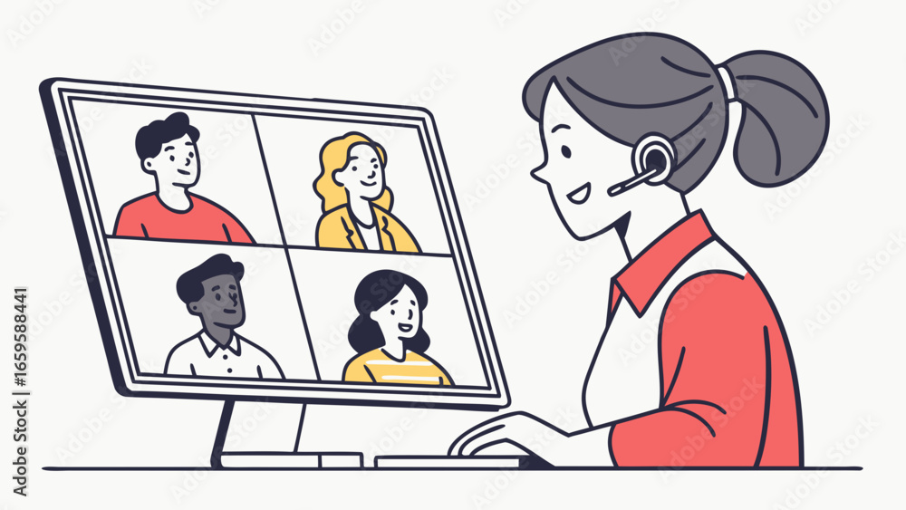 Poster illustration of a woman on a video call with four people on a computer screen display view created w