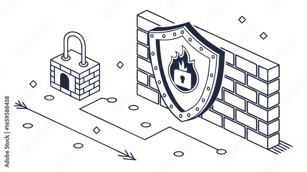 Poster isometric illustration of a firewall with a shield and padlock representing data security and protec