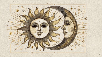A vintage illustration of a sun and moon, featuring a smiling sun with rays and a crescent moon with a serene face. Decorative stars surround the celestial bodies.