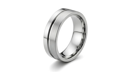 Brushed silver men's wedding band with subtle grooved detailing.