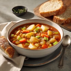Warm hearty vegetable soup with potatoes carrots and celery served in a bowl with slices of bread for lunch or dinner option on rustic background