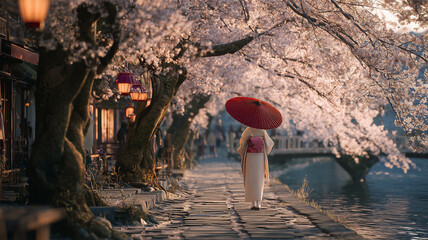 女性が桜並木で和傘を差し歩く夕暮れ