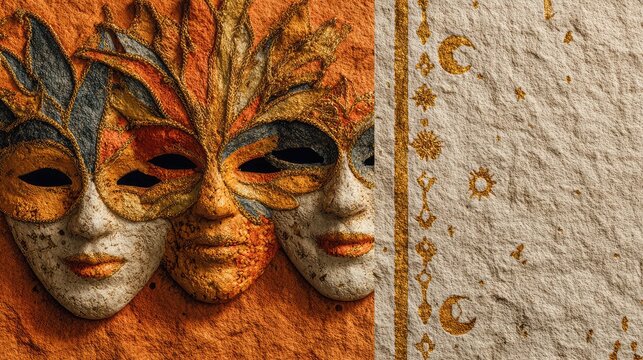 Three decorative masks in vibrant colors against a textured orange background. The masks feature intricate designs and represent a festive theme.