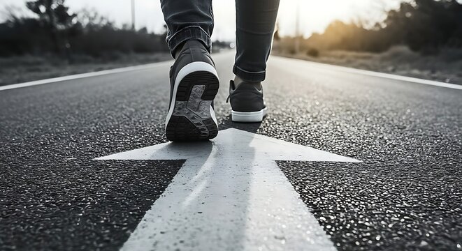 A person's feet walking on an asphalt road with a forward arrow