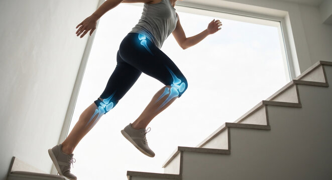 Dynamic Joint Health: Woman Exercising on Stairs with Highlighted Anatomy