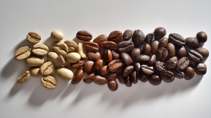 白背景に多彩な焙煎度のコーヒー豆配置