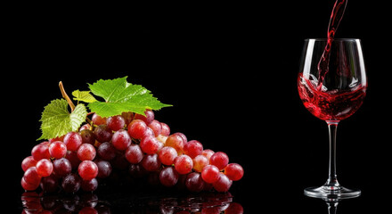 Fresh red grapes with leaves and pouring red wine in a glass on black background